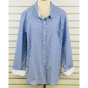 Womens XL Le Tigre‎ Shirt Blue Button Front Roll Tab Sleeves Patterned Contrast